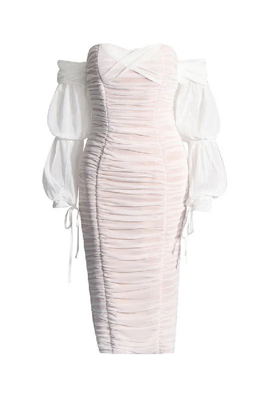 Cute Design Sexy Off Shoulder Bubble Sleeve Mesh Ruched Bodycon Cocktail Midi Dress