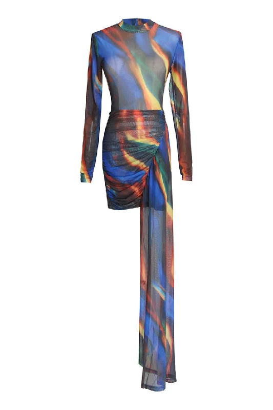 Must-have For Fashion Sexy Printed Sheer Mesh High Neck Draped Ruched Bodycon Club Mini Dress Must-have For Fashion Sexy Printed Sheer Mesh High Neck Draped Ruched Bodycon Club Mini Dress