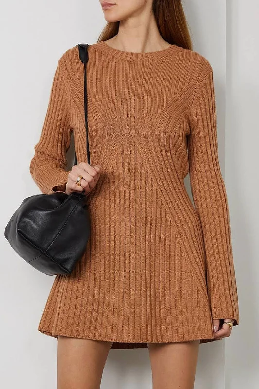 Exquisite Craftsmanship Simple Ribbed Knit Crew Neck Long Sleeve Winter Sweater Mini Dress - Brown