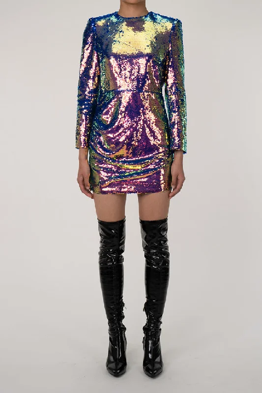Celebrity Picks Sparkly Sequin Round Neck Long Sleeve Ruched Bodycon Party Mini Dress