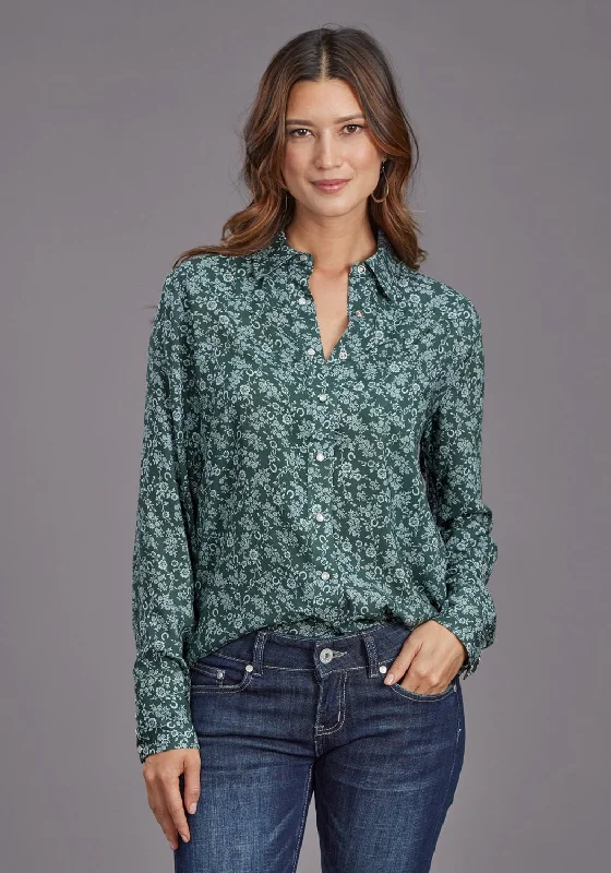 Goddess Outfit Stetson Womens Lucky Littl Floral Green 100% Rayon L/S Blouse