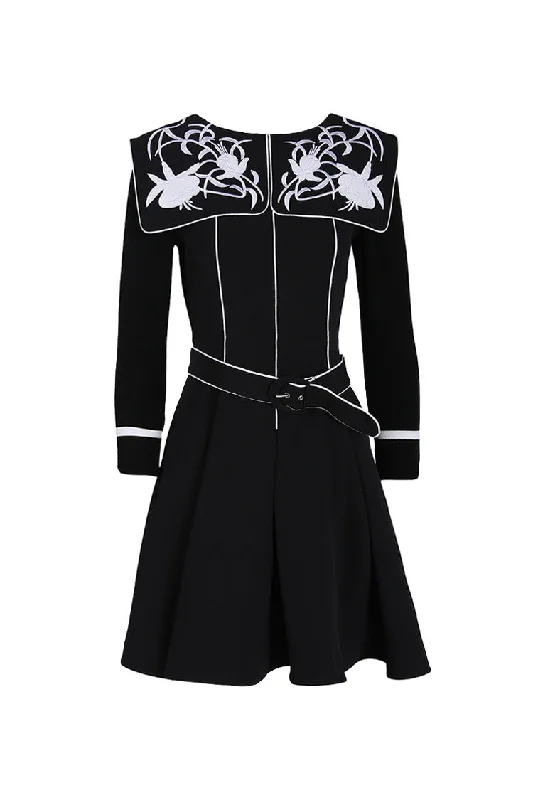 Classic Color Vintage Floral Embroidered Big Collar Belted Long Sleeve Party Mini Dress