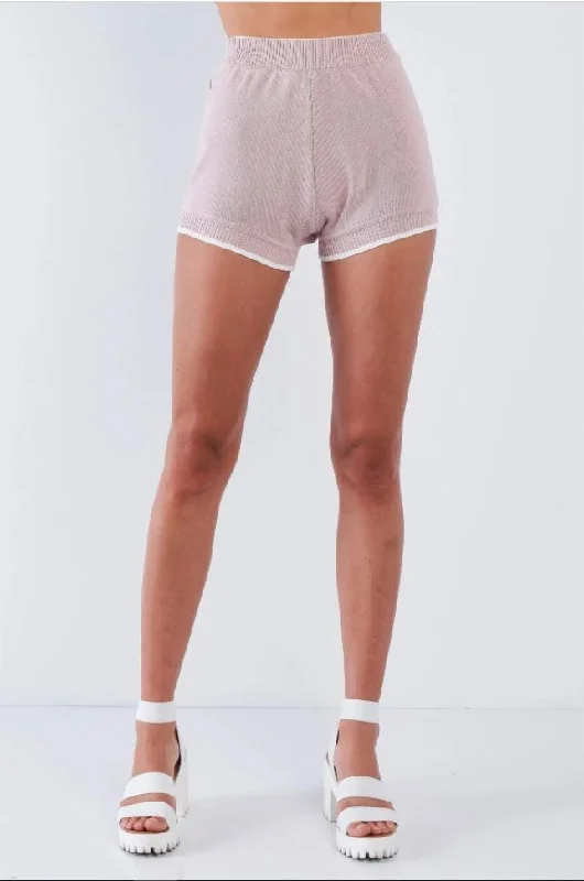 Slightly Flared Design Mauve White Striped Crop High Waisted Short