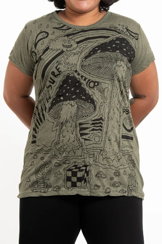 Playful Style Plus Size Womens Magic Mushroom T-Shirt in Green