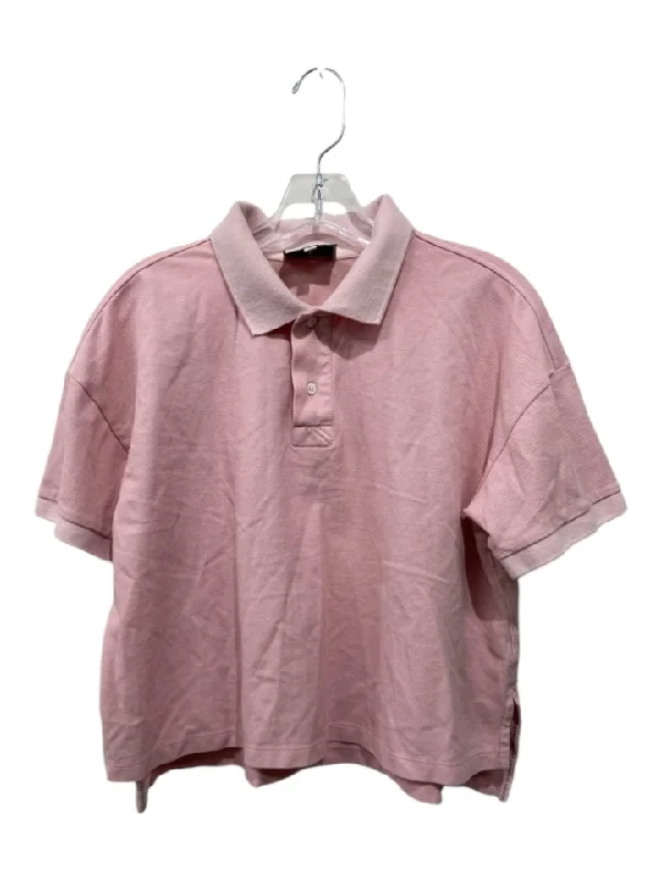 French Style Tuckernuck Size M Pink Cotton Short Sleeve Collar Half Button Crop Top
