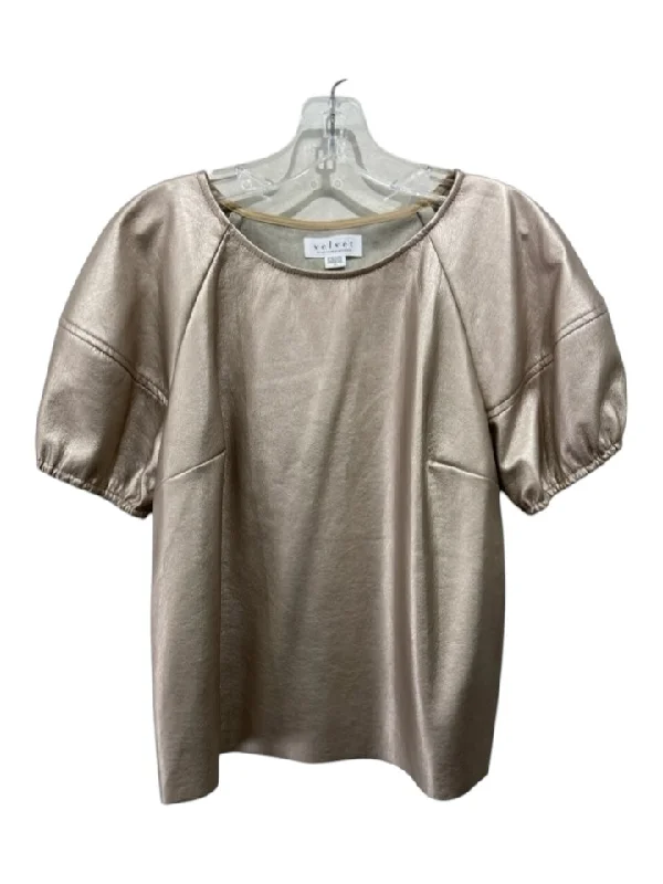 Letter embroidery Velvet by Graham & Spencer Size Medium Rose Gold PU leather Short Sleeve Top