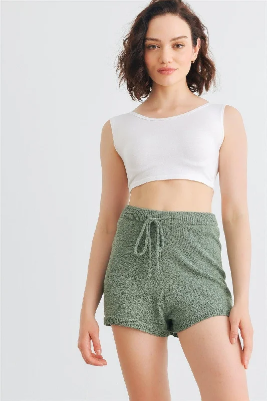 Warm And Comfortable Dusty Green Knit High Waist Shorts